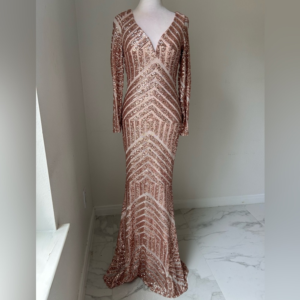 Rose Gold Sequin Long Sleeve V-Neck Evening Gown